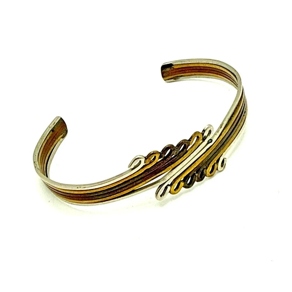 Vintage Tri Color Copper Brass Silver Tone Cuff Bracelet 7.5